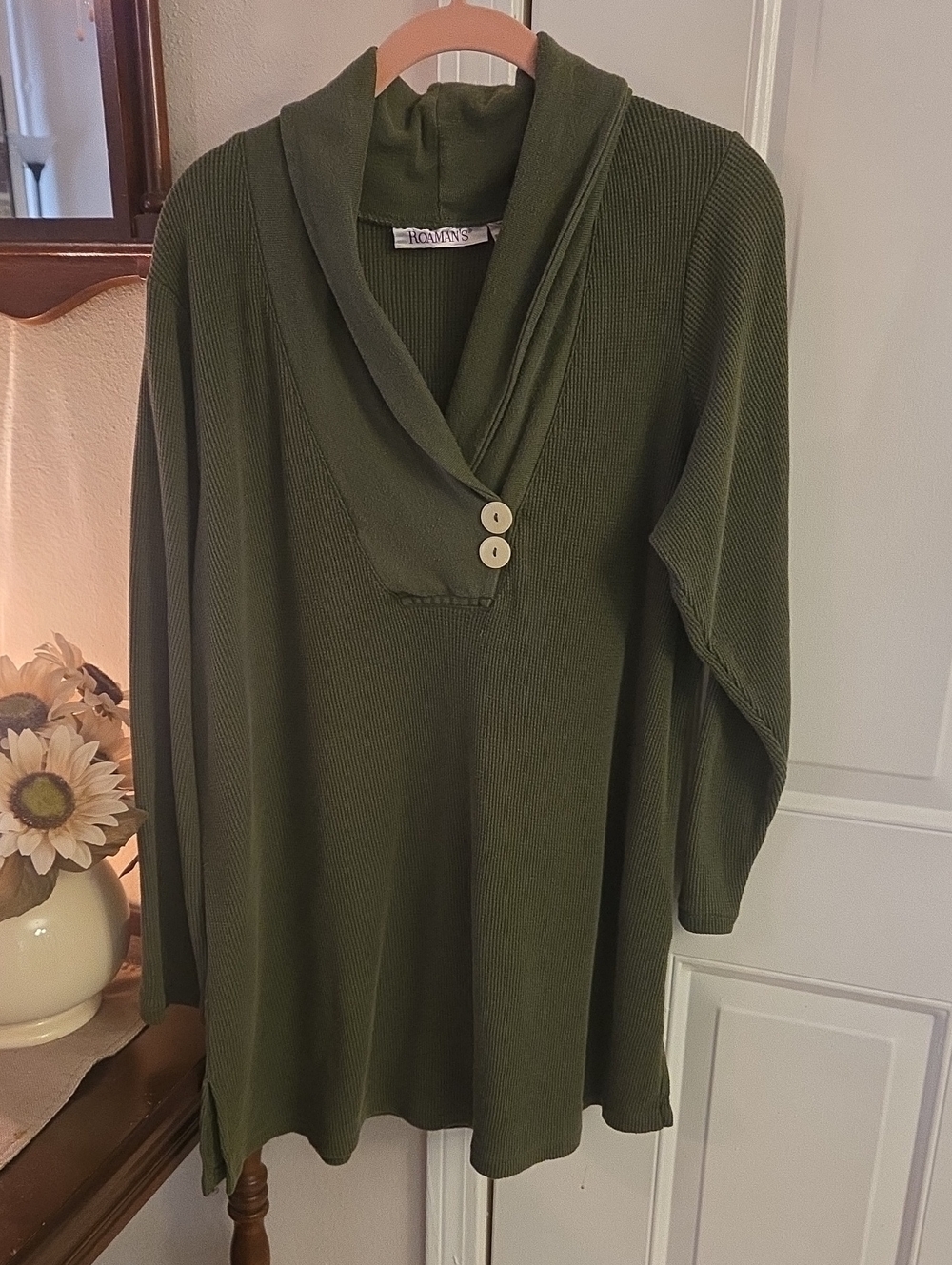 Roaman's Olive Ribbed Shawl-Collar Long Sleeve Top with Button Accent